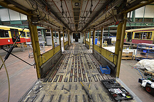 View of a gutted 481 series compartment during refurbishment