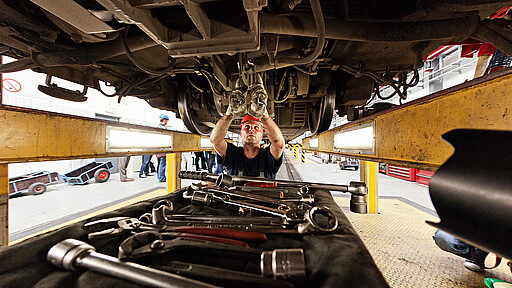 Working under the train at Maintenance Service Grünau