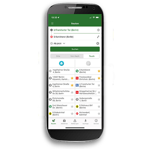 Screenshot: "Routen" der S-Bahn Berlin App