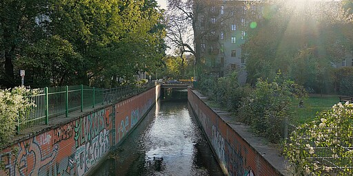 Sonnenstrahlen über der Panke im Südpankepark Ein schmaler Kanal mit ruhigem Wasser, gesäumt von Backsteinmauern mit bunten Graffitis, im Südpankepark in Berlin. Dichtes Grün auf beiden Seiten und im Hintergrund scheint die Sonne durch die Bäume, während ein Wohngebäude im Licht erstrahlt.