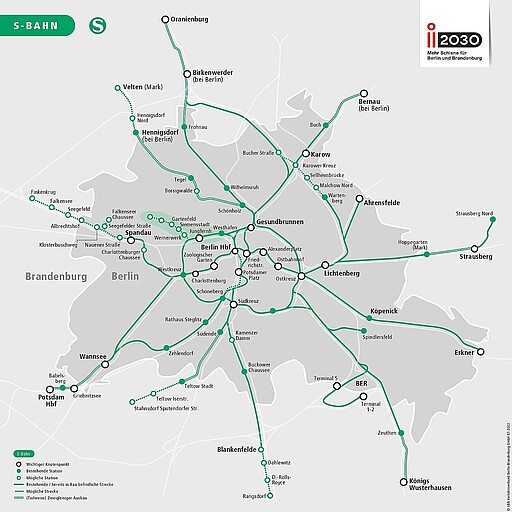 S-Bahnnetz mit Markierungen der 35 Maßnahmenpakete zum Ausbau