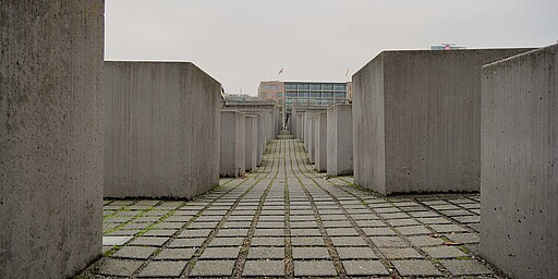 Denkmal für die ermordeten Juden Europas – Blick auf den Holocaust-Mahnmal in Berlin Das Bild zeigt einen Blick auf das Holocaust-Mahnmal in Berlin, das Denkmal für die ermordeten Juden Europas. In der Mitte des Bildes erstreckt sich ein schmaler Gehweg, der von gleichmäßig angeordneten, grauen Betonblöcken flankiert wird. Die Blöcke sind unterschiedlich hoch und bilden ein rasterartiges Muster. Der Weg selbst zeigt leichte Kurven, was dem Bild eine dynamische Tiefe verleiht. Der Hintergrund ist mit modernen Gebäuden versehen, darunter ein Gebäude mit einer Fahne. Der Himmel ist trüb und grau, was eine düstere, nachdenkliche Atmosphäre erzeugt. Der Boden ist mit Pflastersteinen bedeckt, die teilweise von Moos überwachsen sind, was den natürlichen Verfall unterstreicht.