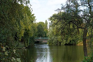 Ein ruhiger See im Fennpfuhl-Park, umgeben von dichten, grünen Bäumen. Im Hintergrund führt eine kleine Brücke mit einem Fahrradfahrer darüber, der Kontrast zur Natur bringt. Zweige eines Baumes mit roten Beeren ragen von rechts ins Bild.