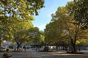 Der Nettelbeckplatz zeigt sich als weitläufiger Platz mit großen Bäumen, die in herbstlichem Gelb leuchten. In der Mitte des Platzes steht eine Skulpturengruppe, umgeben von Sitzbänken. Menschen sitzen entspannt oder spazieren umher.