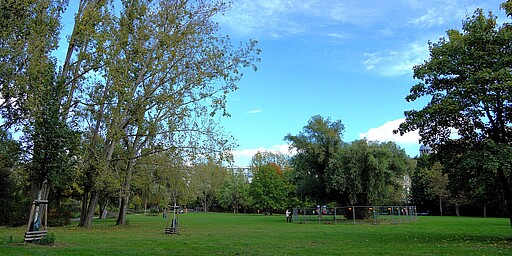  Eine große, offene Wiese im Fennpfuhlpark, umgeben von Bäumen. Der Himmel ist blau mit weißen Wolken, und einige Menschen sind im Hintergrund zu sehen. Ein paar junge Bäume sind frisch gepflanzt und mit Stützen versehen. 