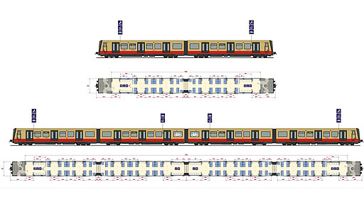 New S-Bahn cross section 483 series: quarter train - 2 carriage walkthrough unit (above), 484 series: half train - 4 carriage walkthrough unit (below)