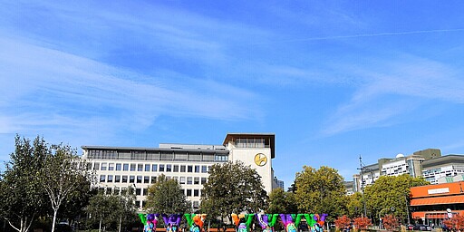 Steinplatz mit farbenfrohen Buddy-Bären  Der Steinplatz in Berlin, eingerahmt von modernen Gebäuden, zeigt eine Sammlung bunter Buddy-Bären-Statuen auf einer Grünfläche. Im Hintergrund strahlt der blaue Himmel, und der Platz ist mit vereinzelten Bäumen und Bänken gestaltet.