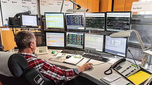 Arbeitsplatz in der Betriebszentrale Von hier aus werden S-Bahnzüge per Mausklick disponiert.