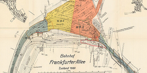 Gleisplan des Bahnhofs Frankfurter Allee um 1930 Zusammen mit den Gleisen für den Zentralviehhof liegen die Anlagen des Bahnhofs Frankfurter Allee zwischen Landsberger und Frankfurter Allee an der Ringbahn.