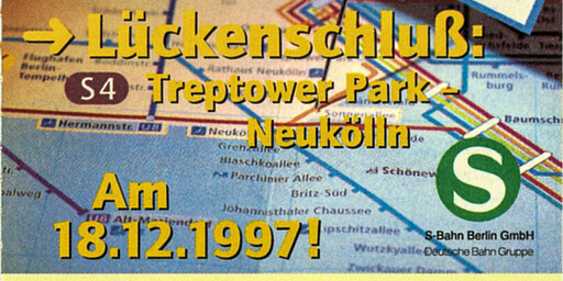 Südring Nach dem Mauerfall und der Deutschen Einheit wird auch der Ringschluss zwischen Westend und Schönhauser Allee in Angriff genommen. Der Abschnitt von Westend bis Jungfernheide geht 1997 in Betrieb, 1999 fährt die S-Bahn wieder bis Westhafen. Für die Strecke zwischen beiden Stationen sind von 1996 bis 1999 rund 65,5 Mio. Mark investiert worden und zwei Bahnbrücken über die Lise-Meitner-Straße und über den Charlottenburger Verbindungskanal sowie ein Unterwerk neu gebaut worden. Der Bahnhof Gesundbrunnen wird im Rahmen des Projekts Nordkreuz und Wiederaufbau des Berliner Innenrings zwischen 1996 und 2006 total umgebaut. 2001 wird der S-Bahn-Verkehr zwischen Schönhauser Allee und Gesundbrunnen wieder aufgenommen. Ein Jahr später folgt der Ringschluss zwischen Gesundbrunnen und Westhafen und seit dem 28. Mai 2006 halten am Bahnhof Gesundbrunnen auch wieder Regional- und Fernzüge. Am 18. Dezember 1997 wird auch der Südring zwischen Treptower Park-Sonnenallee-Neukölln geschlossen.