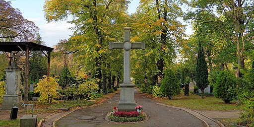  Ein breiter Weg führt durch den Alten St. Matthäus Kirchhof, flankiert von Bäumen mit gelb gefärbtem Laub im Herbst. In der Mitte steht ein großes Steinkreuz. 