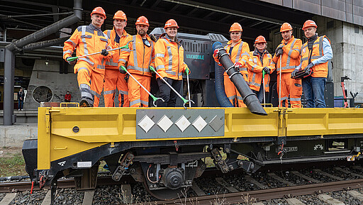 Starkes Team, sauberes Bahnhofsgleis DB-Gleisreiniger:innen Teamfoto mit dem „Vakmobile“ und vor dem S-Bahnhof Waschauer Straße.