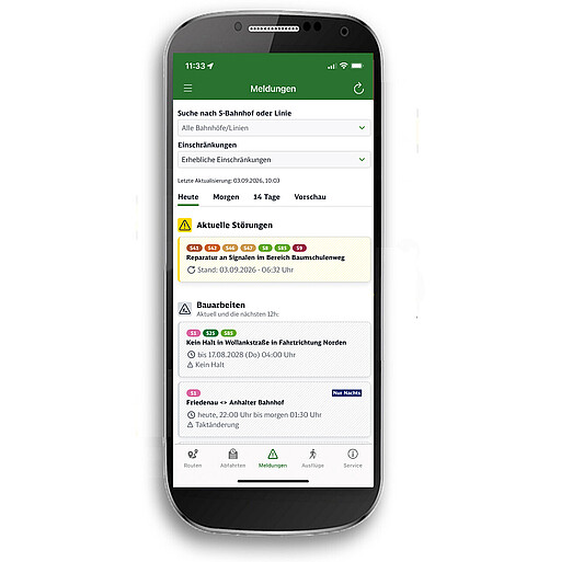 Screenshot: "Meldungen" der S-Bahn Berlin App