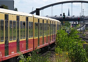 Modernisierte Baureihe 481 - Detailaufnahme mit Grünstreifen und Brücke im Hintergrund