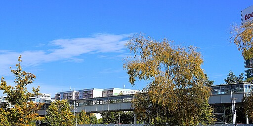  Zu sehen ist eine Hochbrücke, die über eine Straße führt, umgeben von herbstlichen Bäumen. Im Hintergrund sieht man einige Wohnhäuser und den blauen Himmel. Autos parken entlang der Straße, während der Himmel in leuchtendem Blau strahlt. 