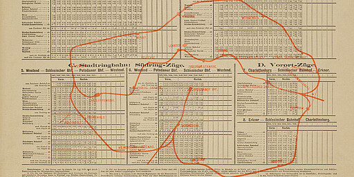 Historischer Fahrplan von 1882 Historischer Fahrplan von 1882 für die Stadt- und Ringbahn. Anhand der roten Linien ist die Ringbahn in Form eines Hundekopfs gut erkennbar.
