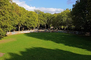 Eine weite, sonnige Wiese im Rudolph-Wilde-Park, umgeben von hohen Bäumen. Im Hintergrund führen Stufen zu einer Statue und einem kleinen Platz. Graffiti zieren die niedrigen Mauern, die die Wiese umrahmen.