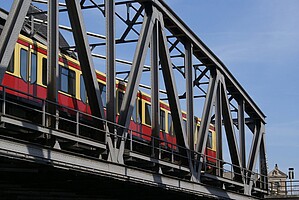 An S-Bahn train on a bridge crossing the River Spree