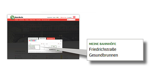 "Meine-S-Bahn" Im Routenplaner werden Ihnen favorisierte Bahnhöfe angezeigt.